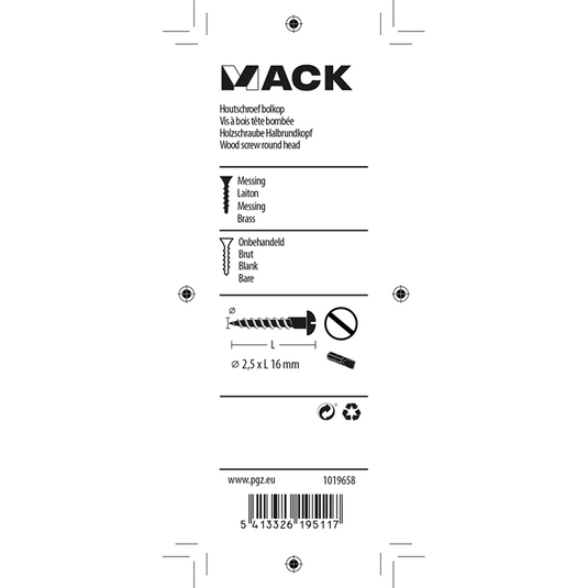 Mack 1019658 - houtschroef bolkop messing 10 st 2,5 x 16 mm | 10 stuks