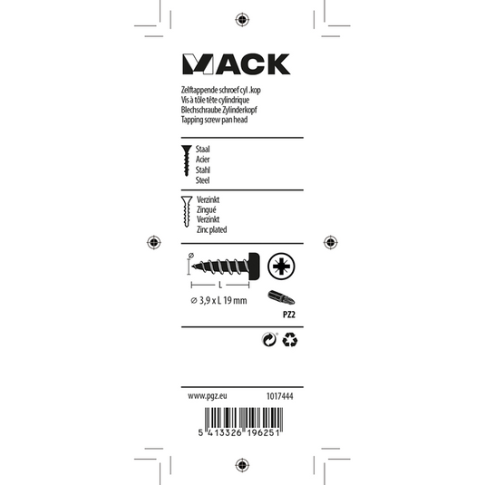Mack 1017444 - zelftappende schroef cyl kop verz. 22st 3,9 x 19 mm | 10 stuks
