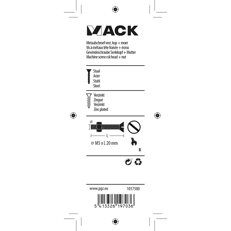 Load image into Gallery viewer, Mack 1017500 - metaalschroef verz. kop + moer verz. 15st m5 x 20 mm | 10 stuks
