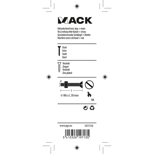 Mack 1017510 - metaalschroef verz. kop + moer verz. 8 st m6 x 30 mm | 10 stuks