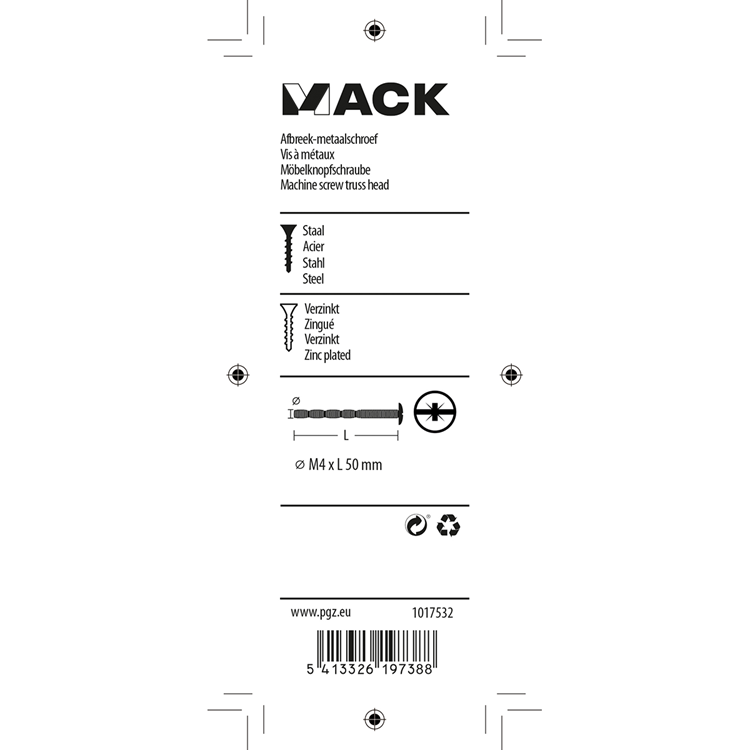 Load image into Gallery viewer, Mack 1017532 - afbreek-metaalschroef verz. 4 st m4 x 50 mm | 10 stuks
