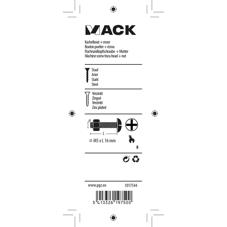 Afbeelding laden in galerijviewer, Mack 1017544 - kachelbout + moer staal verzinkt 16 st m5 x 16 mm | 10 stuks
