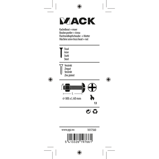 Mack 1017560 - kachelbout + moer staal verzinkt 4 st m8 x 60 mm | 5 stuks