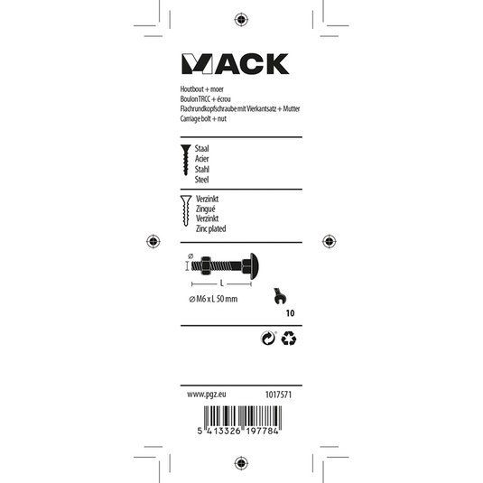 Mack 1017571 - houtbout + moer staal verzinkt7 st m6 x 50 mm | 5 stuks