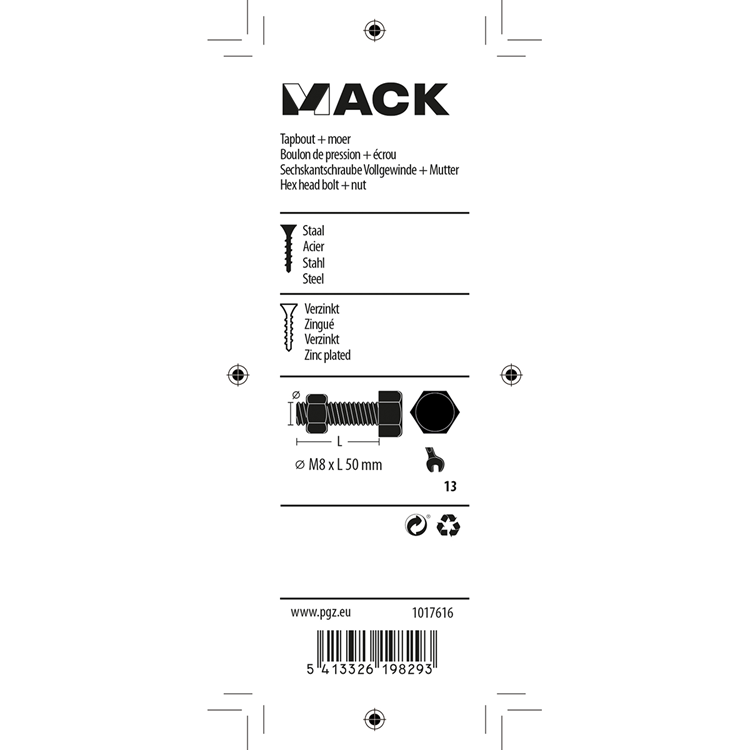 Load image into Gallery viewer, Mack 1017616 - tapbout + moer staal verzinkt 4 st m8 x 50 mm | 10 stuks
