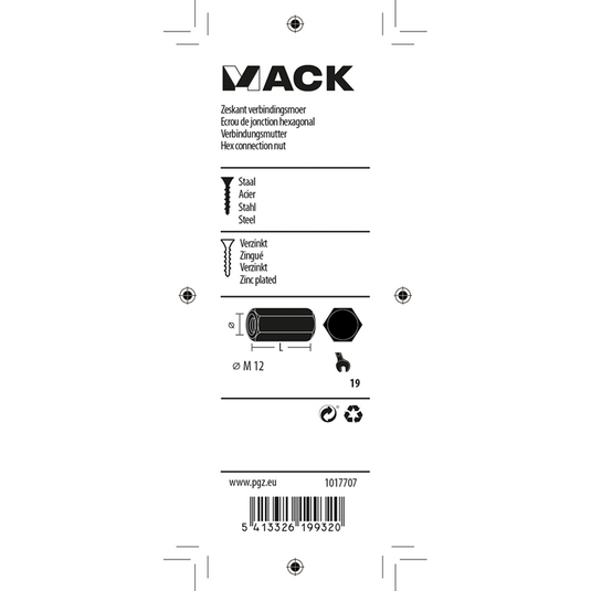 Mack 1017707 - zeskant verbindingsmoer verzinkt 1 st m12 | 5 stuks