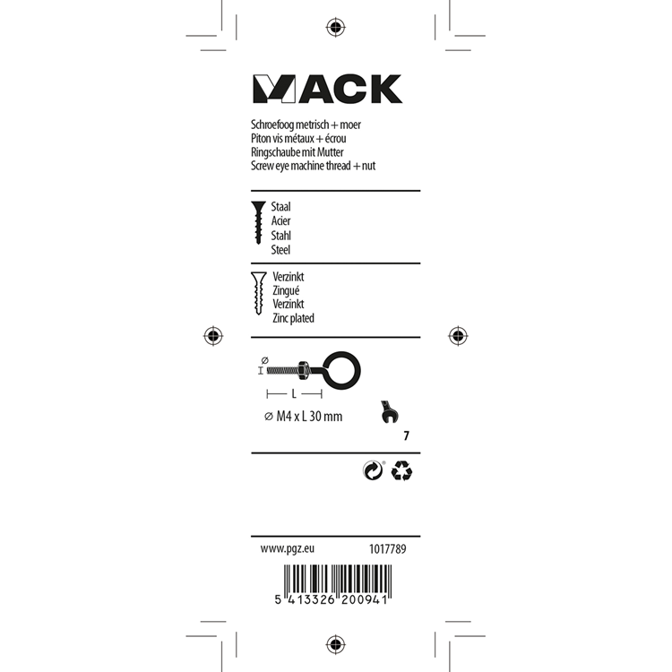 Load image into Gallery viewer, Mack 1017789 - schroefoog metrisch + moer verzinkt 5 st m4 x 30 mm | 10 stuks
