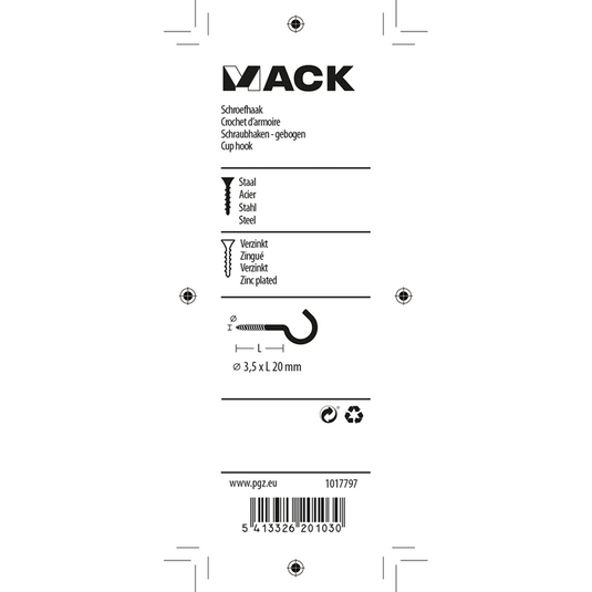 Mack 1017797 - schroefhaak staal verzinkt 10st 3,5 x 20 mm | 10 stuks