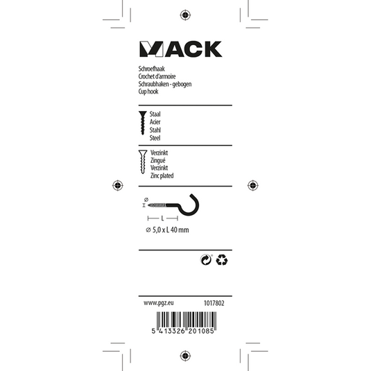 Mack 1017802 - schroefhaak staal verzinkt 4st 5,0 x 40 mm | 5 stuks