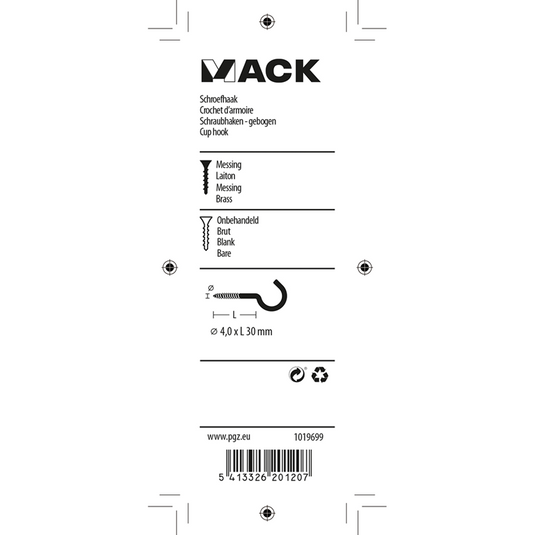 Mack 1019699 - schroefhaak messing 2 st 4,0 x 30mm | 10 stuks