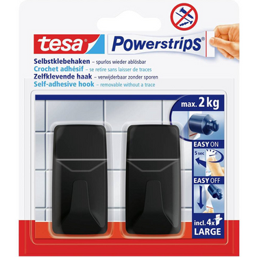 Tesa black hooks l powerstrips kleefhaak groot vierkant (b x h) 20 mm x 50 mm zwart inhoud: 2 stuk(s)