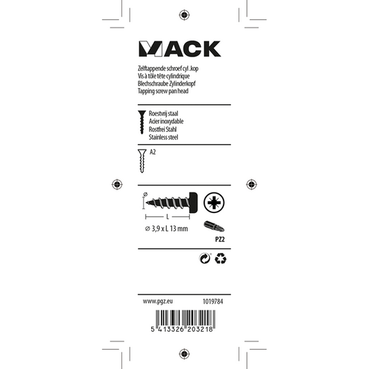 Mack 1019784 - zelftappende schroef cyl.kop a2 12 st 3,9 x 13 mm | 10 stuks