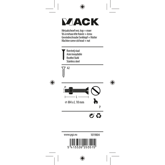 Mack 1019804 - metaalschroef verz. kop + moer rvs 15 st m4x10 | 10 stuks