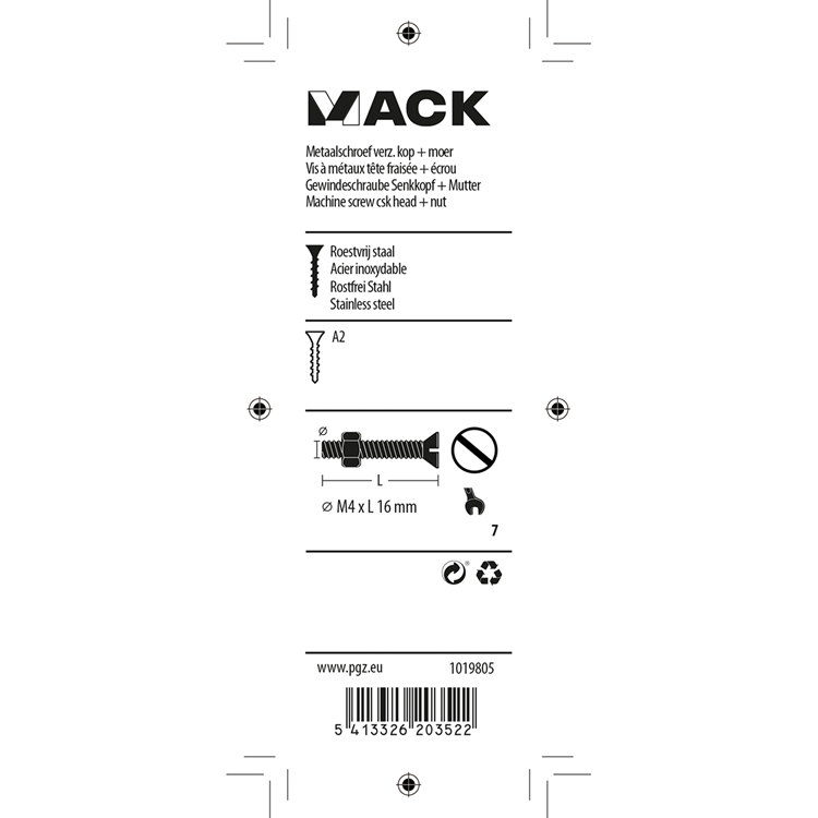 Load image into Gallery viewer, Mack 1019805 - metaalschroef verz. kop + moer rvs 13 st m4x16 | 10 stuks
