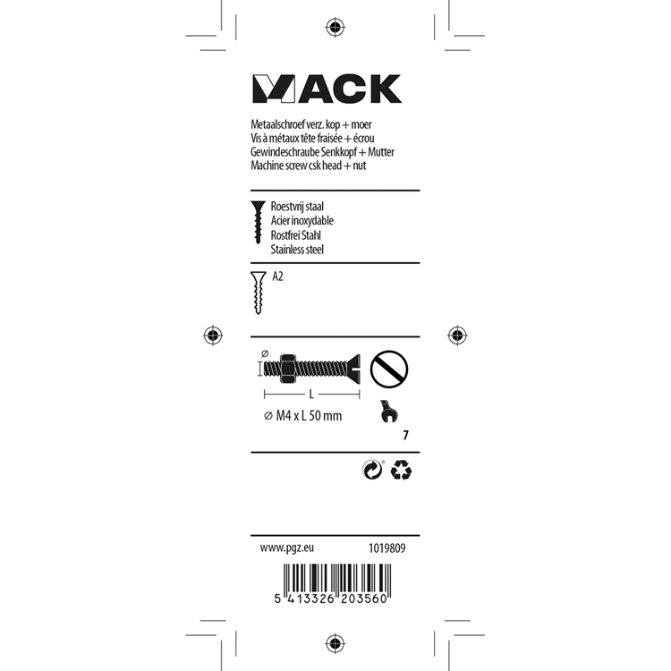 Load image into Gallery viewer, Mack 1019809 - metaalschroef verz. kop + moer rvs 7 st m4x50 | 10 stuks
