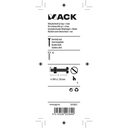 Mack 1019821 - metaalschroef cyl. kop + moer rvs 9 st m4x30 | 10 stuks