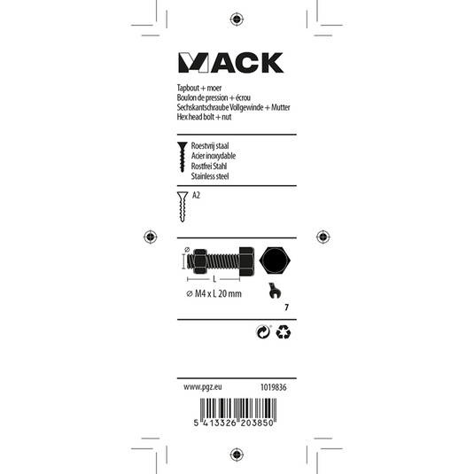 Mack 1019836 - tapbout + moer roestvrijstaal 10 st m4x20 | 10 stuks