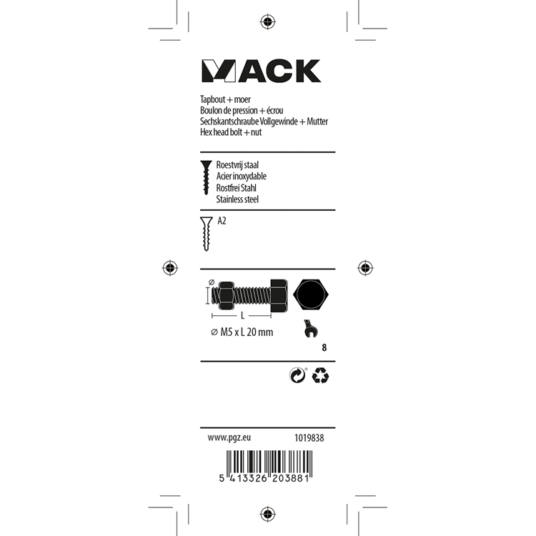 Load image into Gallery viewer, Mack 1019838 - tapbout + moer roestvrijstaal 6 st m5x20 | 10 stuks

