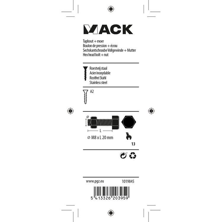 Load image into Gallery viewer, Mack 1019845 - tapbout + moer roestvrijstaal 2 st m8x20 | 10 stuks
