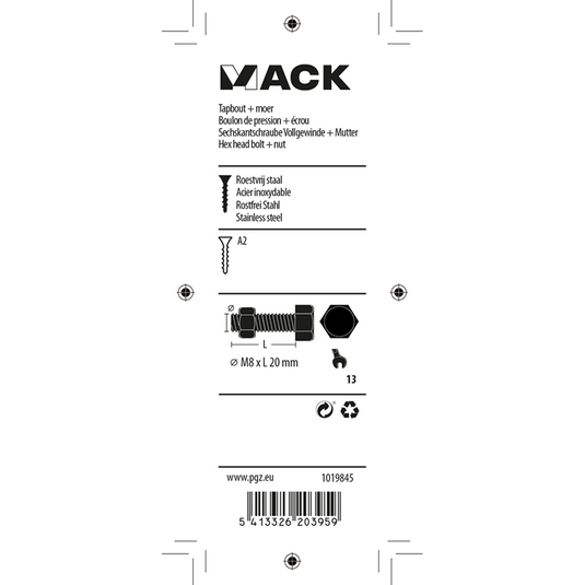 Mack 1019845 - tapbout + moer roestvrijstaal 2 st m8x20 | 10 stuks