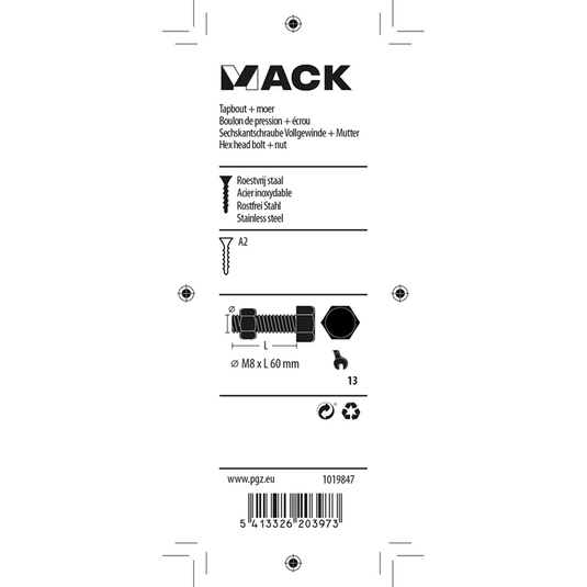 Mack 1019847 - tapbout + moer roestvrijstaal 2 st m8x60 | 10 stuks