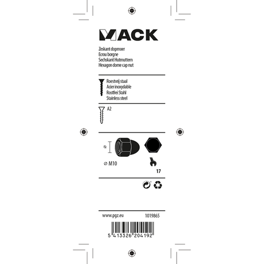 Mack 1019865 - zeskant dopmoer inox a2 2 st m 10 | 10 stuks