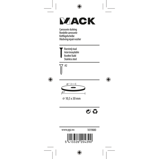 Mack 1019880 - carrosserie sluitring inox a2 3 st 10,5x30 | 10 stuks