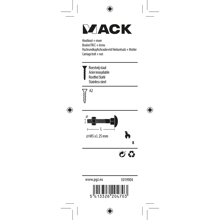 Load image into Gallery viewer, Mack 1019904 - houtbout + moer roestvrijstaal 7 st m5x25 mm | 10 stuks
