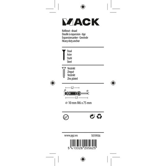 Mack 1019936 - keilbout met draadst. verzinkt 4 st m6 x 75 mm | 5 stuks