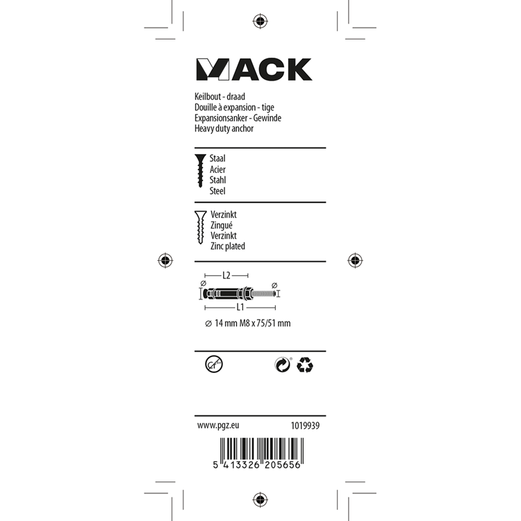 Load image into Gallery viewer, Mack 1019939 - keilbout met draadst. verzinkt3 st m8x75 51mm | 5 stuks
