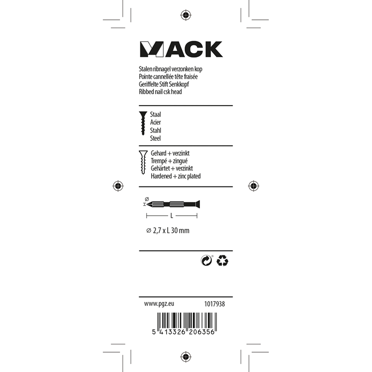 Load image into Gallery viewer, Mack 1017938 - stalen ribnagel vk st.gehard + verz 65st 2,7 x 30 mm | 5 stuks
