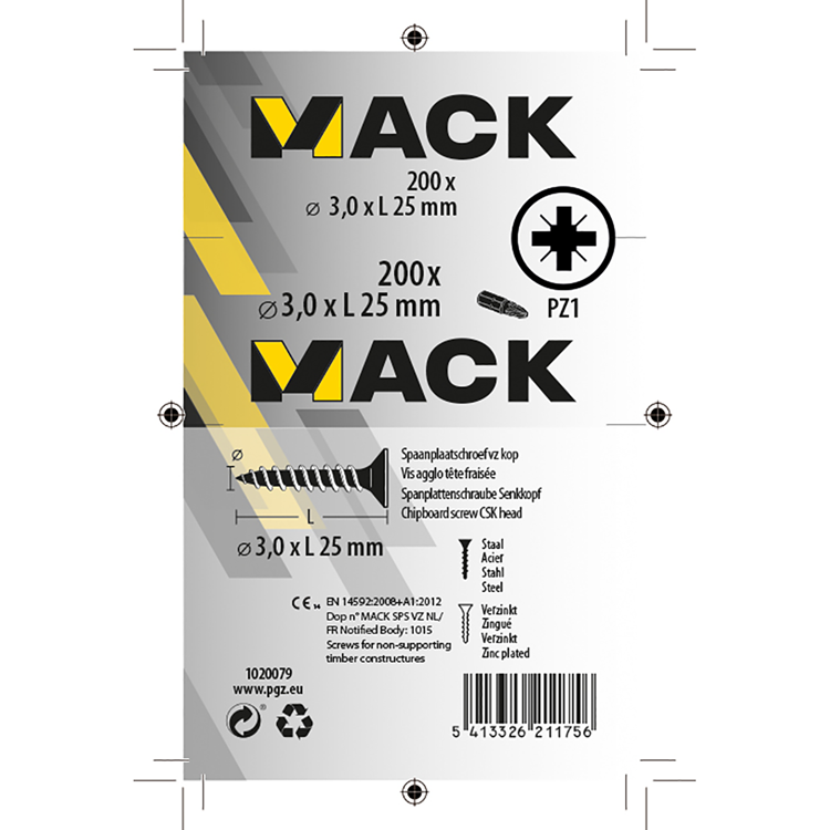 Load image into Gallery viewer, Mack 1020079 - spaanplaatschroef vz kop geel vz 200 st 3,0 x 25 mm | 5 stuks
