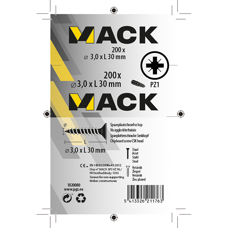Load image into Gallery viewer, Mack 1020080 - spaanplaatschroef vz kop geel vz 200 st 3,0 x 30 mm | 5 stuks
