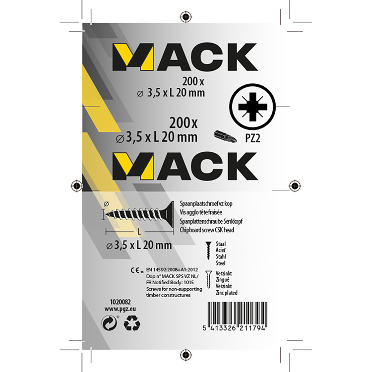 Load image into Gallery viewer, Mack 1020082 - spaanplaatschroef vz kop geel vz 200 st 3,5 x 20 mm | 5 stuks
