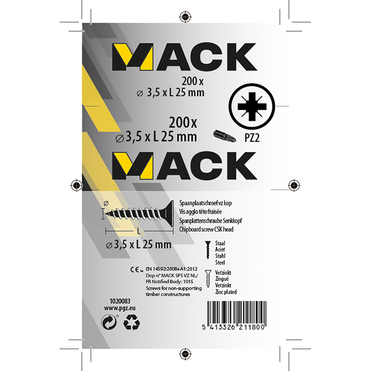 Load image into Gallery viewer, Mack 1020083 - spaanplaatschroef vz kop geel vz 200 st 3,5 x 25 mm | 5 stuks

