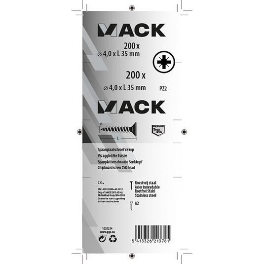 Mack 1020234 - spaanplaatschroef vz kop inox a2 200 st 4,0 x 35 mm | 2 stuks
