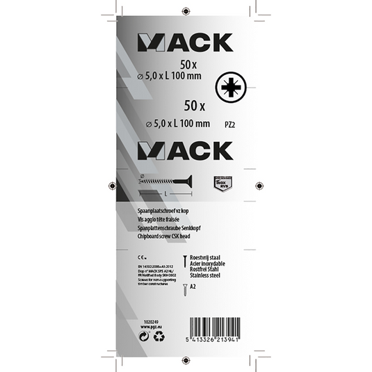 Mack 1020249 - spaanplaatschroef vz kop inox a2 50 st 5,0 x100 mm | 2 stuks