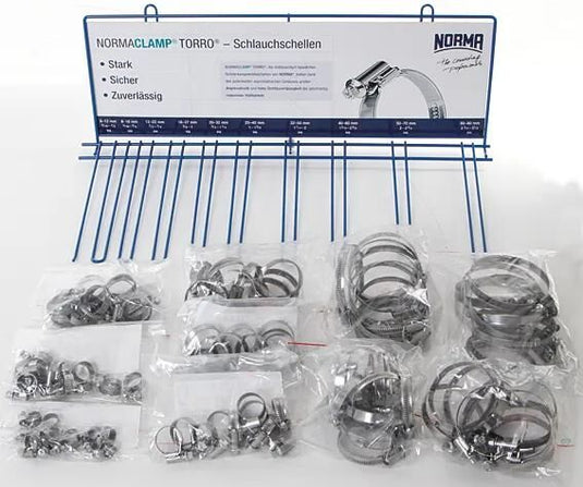 Ad verkaufsdisplay normaclamp torro hose clamps sort 100pcs sort 9mm 8-80