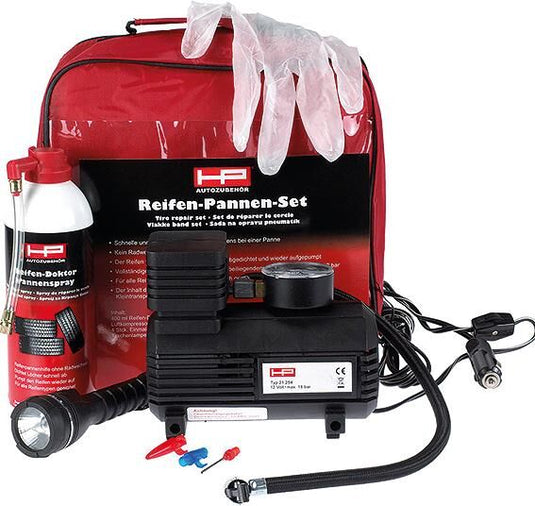 Hp reparatieset voor lekke banden flat tire set 4 pcs. incl. compressor