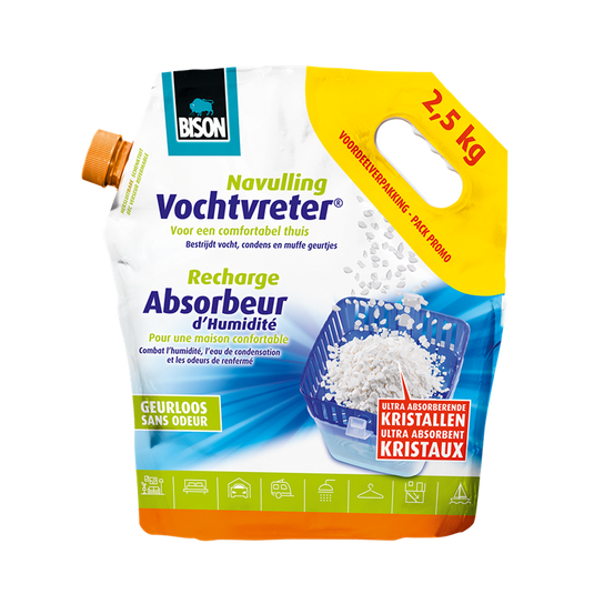 Bison vochtvreter® losse kristallen neutraal zak 2.5 kg, navulling voor een vochtvreter®, eenvoudig in gebruik, geschikt voor alle navullingen, voor alle woonruimtes, campers, caravans