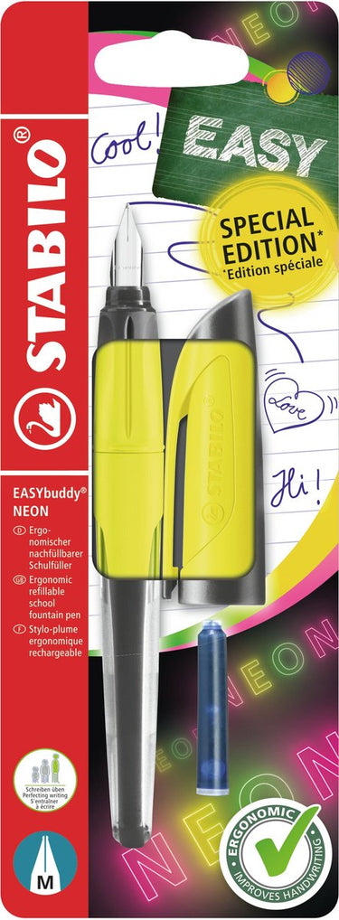 Stabilo easybuddy neon - ergonomische vulpen - geel - standaard m punt voor rechtshandigen