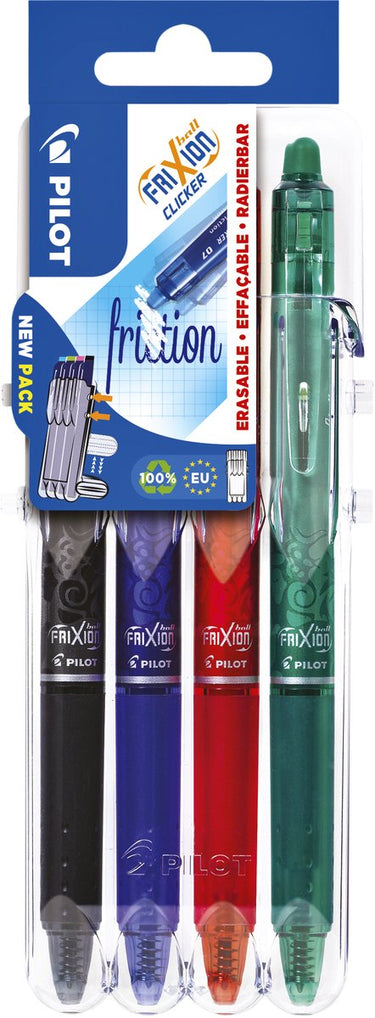 Pilot frixion - clicker pennenset 0.7mm - zwart, blauw, groen, rood - per 4 verpakt