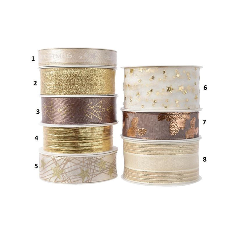 Load image into Gallery viewer, Decoris kerstlint in diverse maten 8 assorti goud wol wit brons
