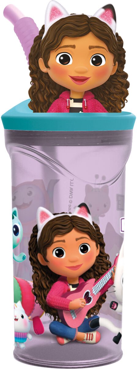 Stor gabby's poppenhuis drinkbeker met rietje – 360 ml – herbruikbaar – met 3d-figuur – bpa-vrij – tumbler voor kinderen vanaf 4 jaar – transparant paars