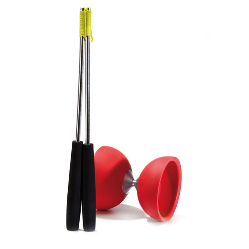 Eureka rubber diabolo met aluminium stokken - rood