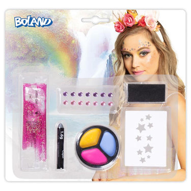 Boland make-up kit eenhoorn (sjabloon, stickervel met 14 edelstenen, vetschmink, glittergel en spons)