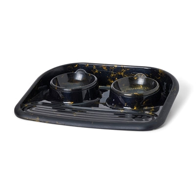 Load image into Gallery viewer, Savic butler voerbak en drinkbak met plateau marble zwart goud

