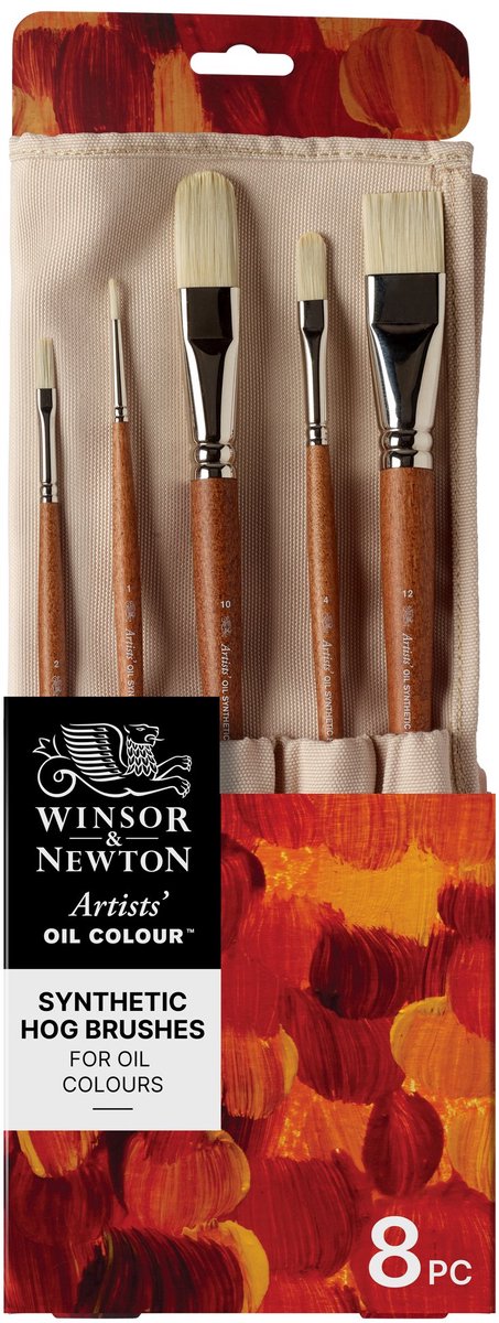Winsor newton 5010902 artists oil synthetic hog brush roll – 8 hoogwaardige synthetische olieverfpenselen voor professionele kunstenaars ( long flat, flat bright, round, filbert, glaze )