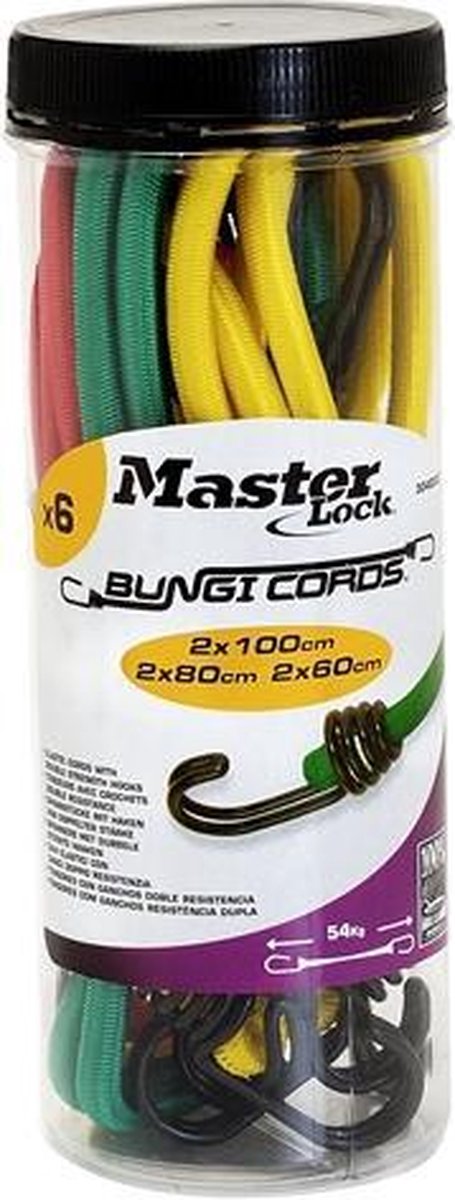 Masterlock jar of 12 twin wire bungees (4*60+ 4*80+ 4*100)double reverse hook