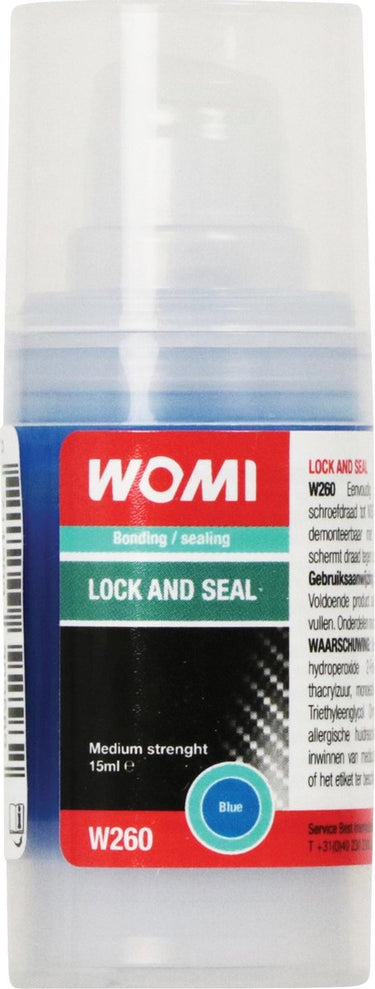 Womi w260 borgmiddel lock and seal blue – 15 ml – middelsterke borging – trillingsbestendig – demontabel